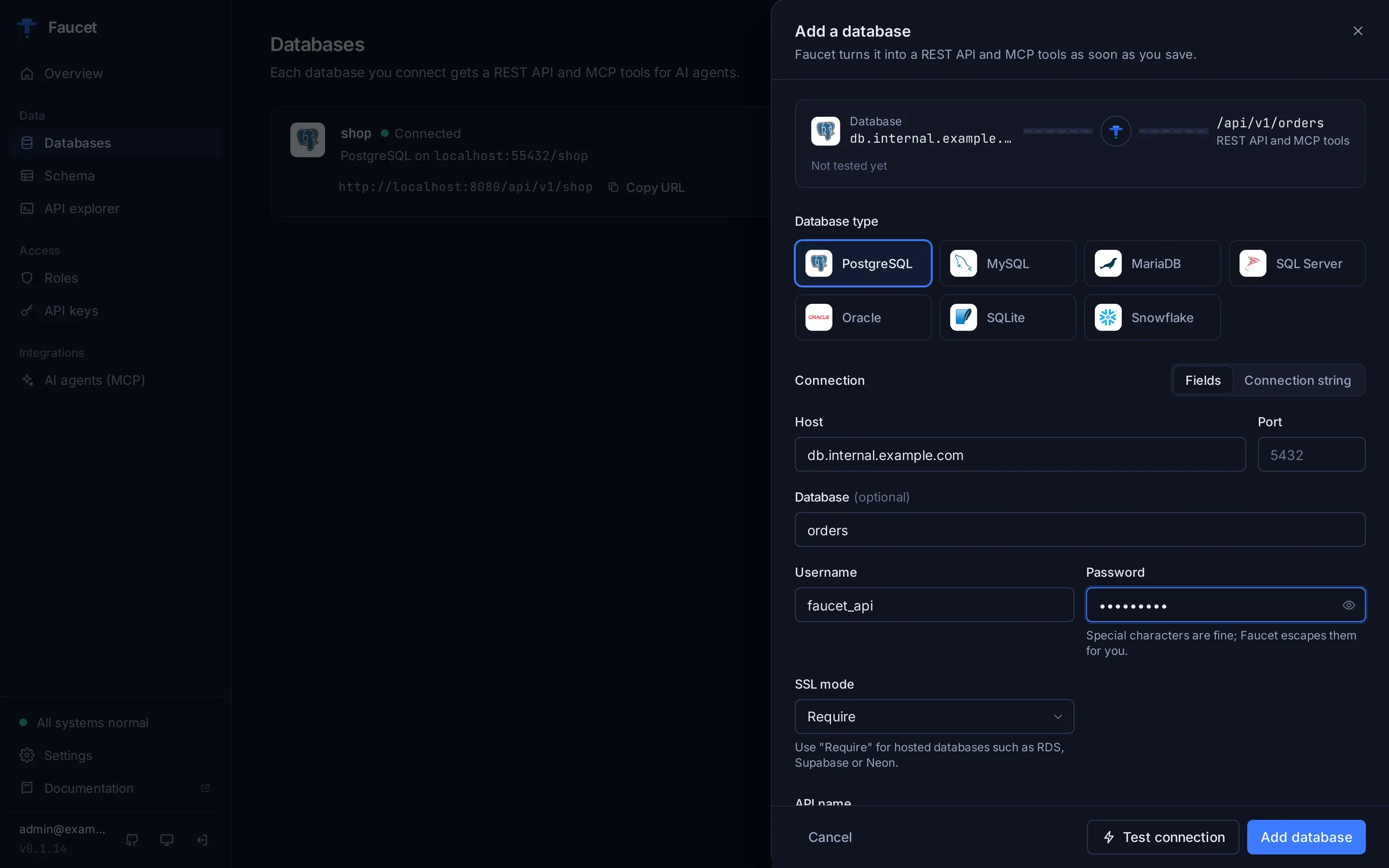 Adding a PostgreSQL database in the admin UI