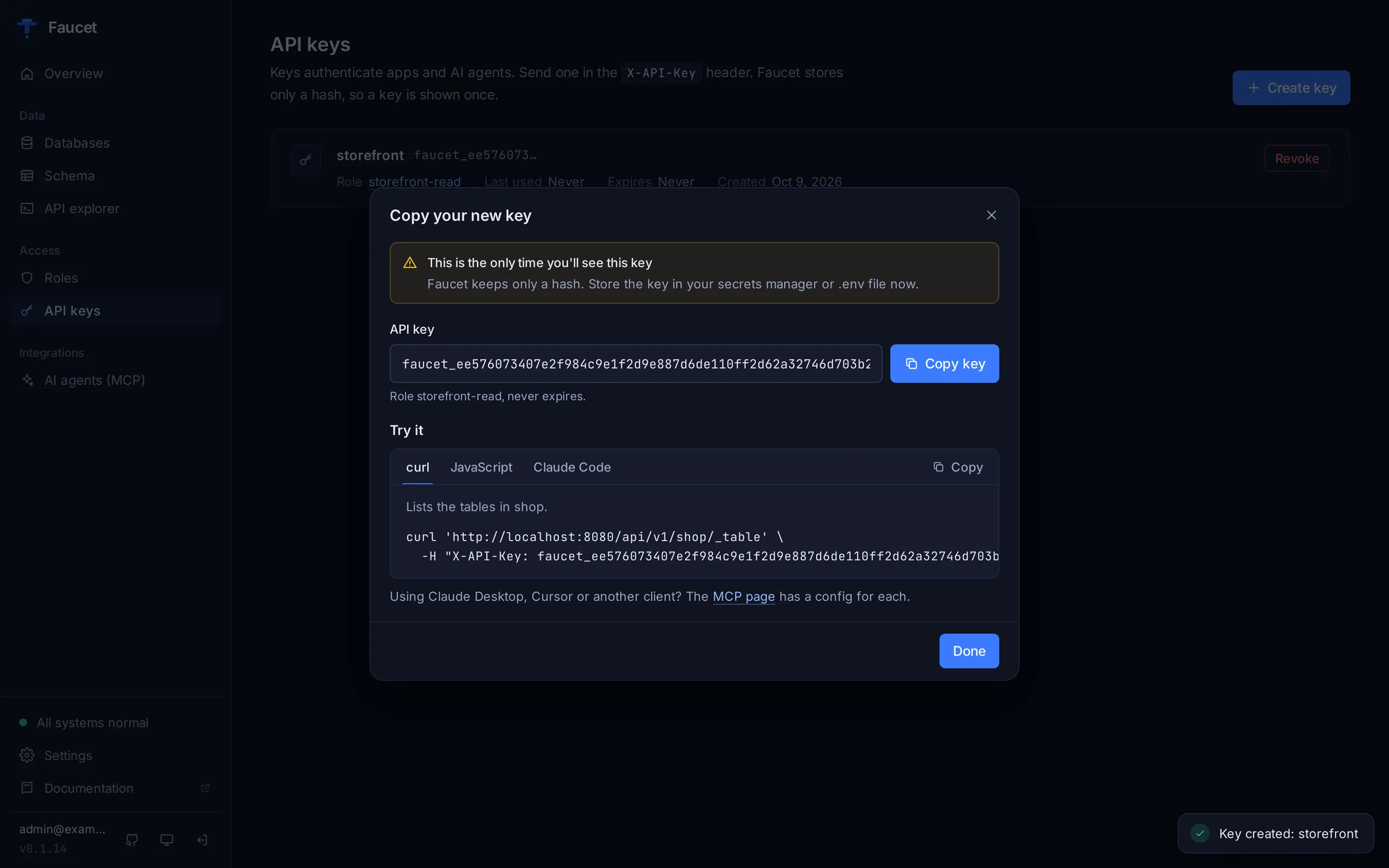 The new key, shown once, with ready-to-run curl, JavaScript and Claude Code snippets