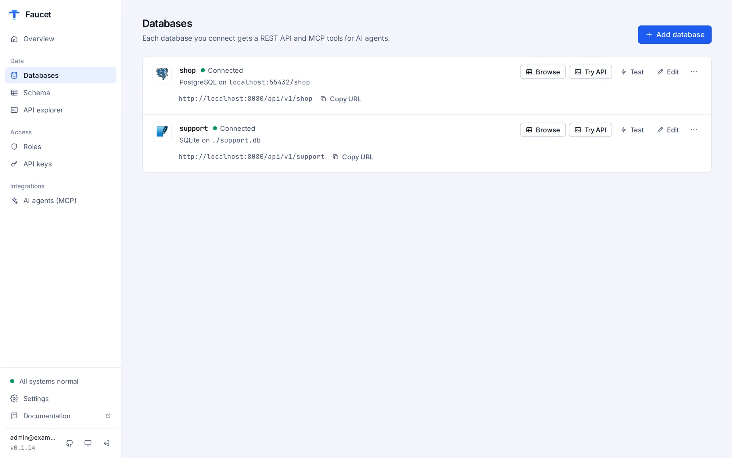 The Databases page in the light theme