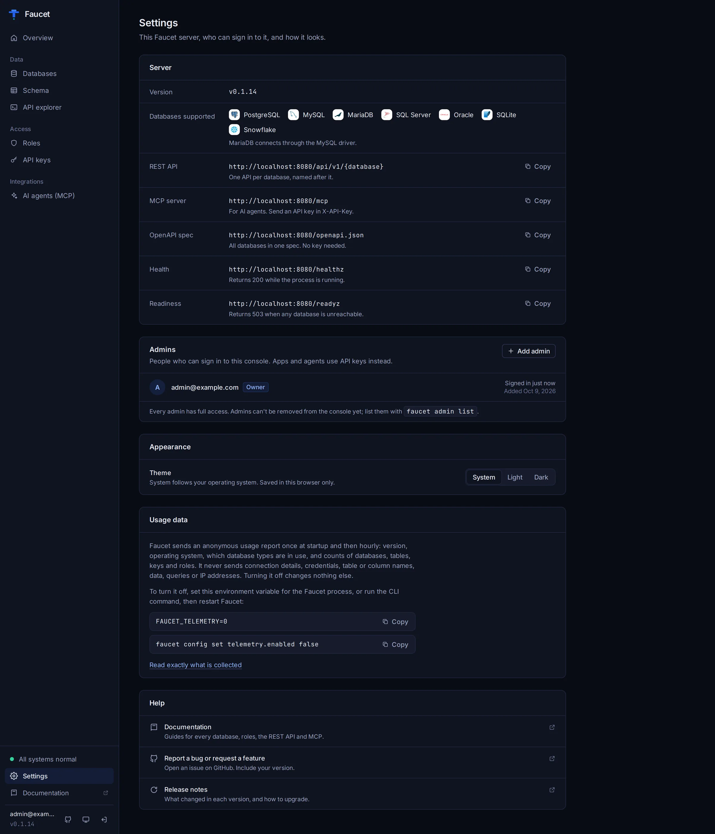 The Settings page